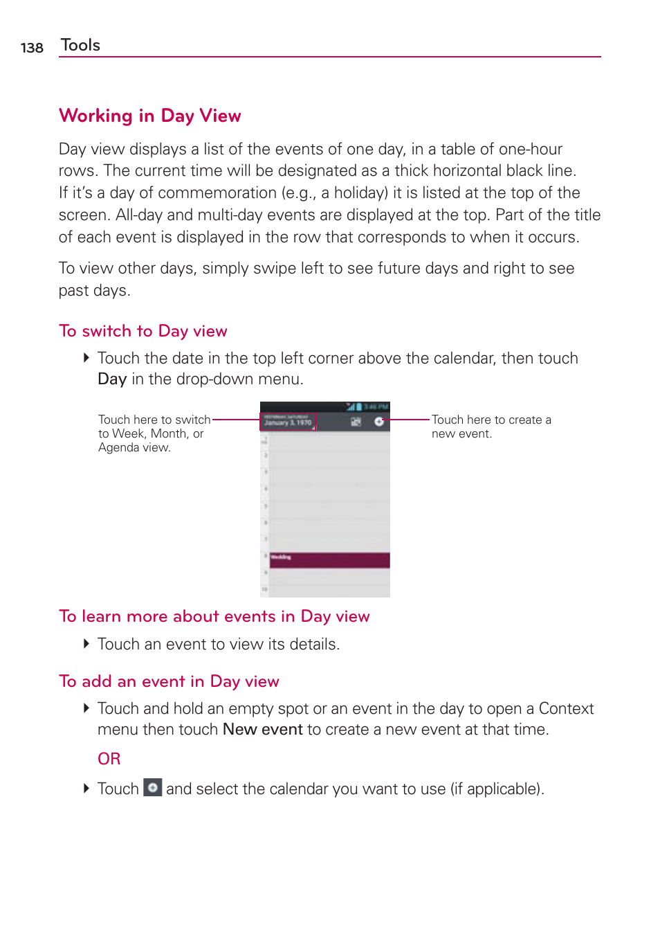 Working in day view | LG LW770 User Manual | Page 140 / 202