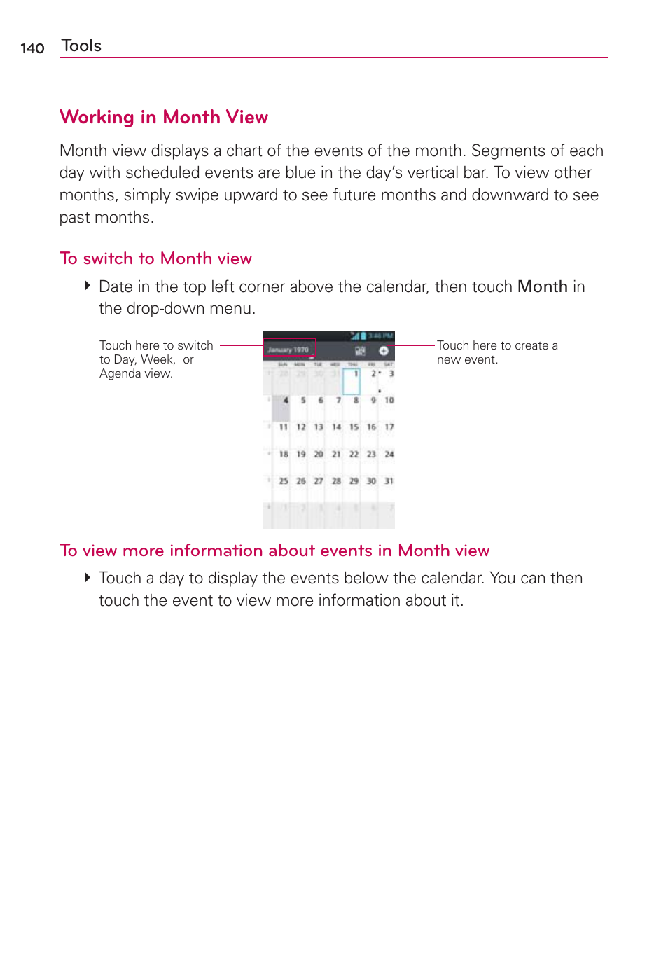 Working in month view | LG LW770 User Manual | Page 142 / 202