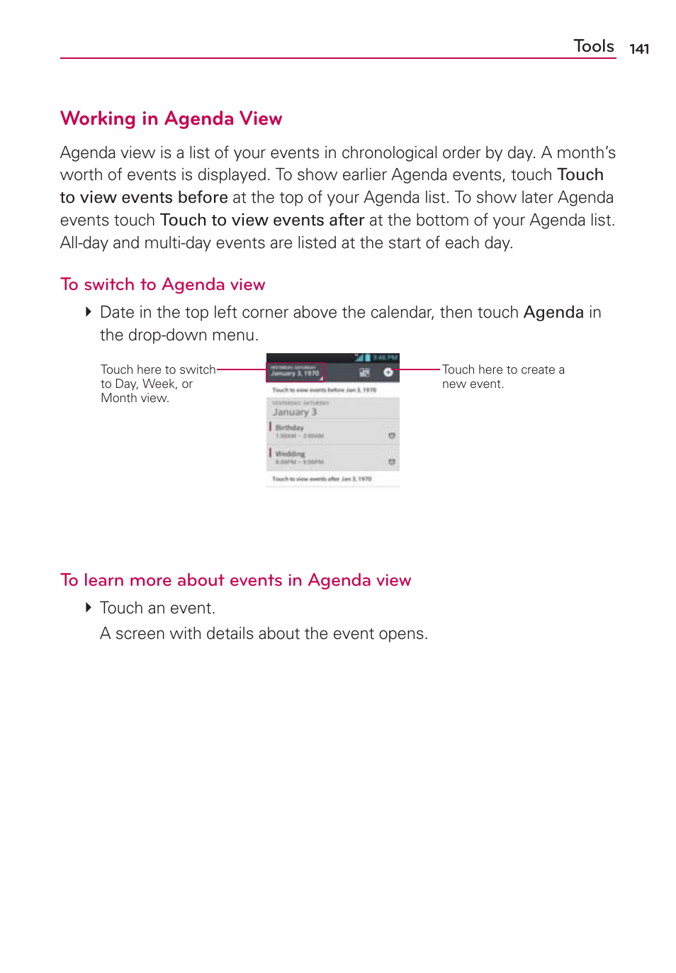 Working in agenda view | LG LW770 User Manual | Page 143 / 202