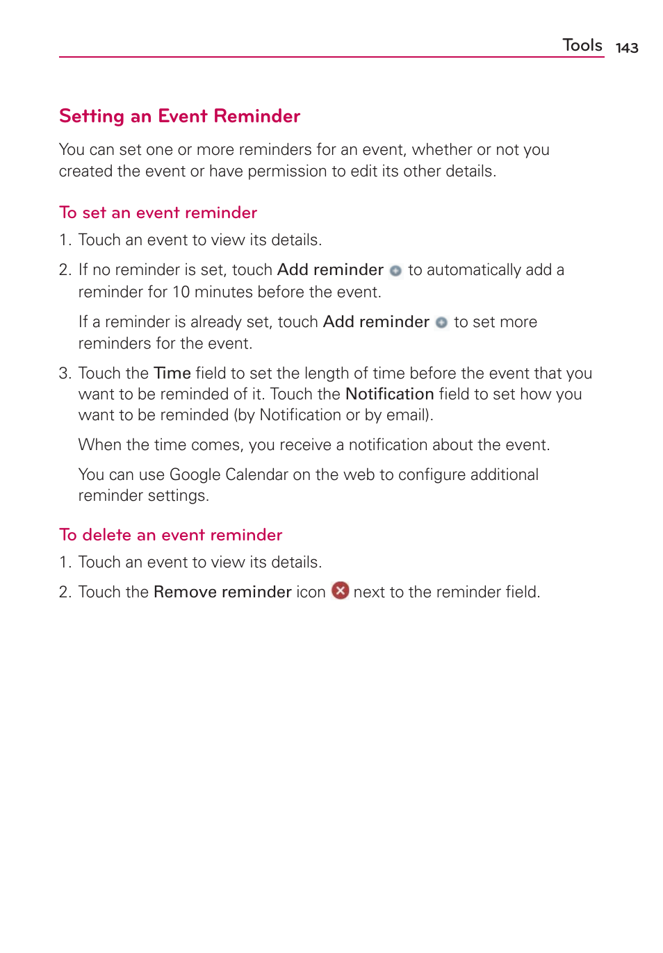 Setting an event reminder | LG LW770 User Manual | Page 145 / 202