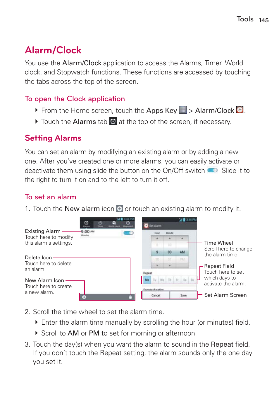 Alarm/clock, Setting alarms | LG LW770 User Manual | Page 147 / 202