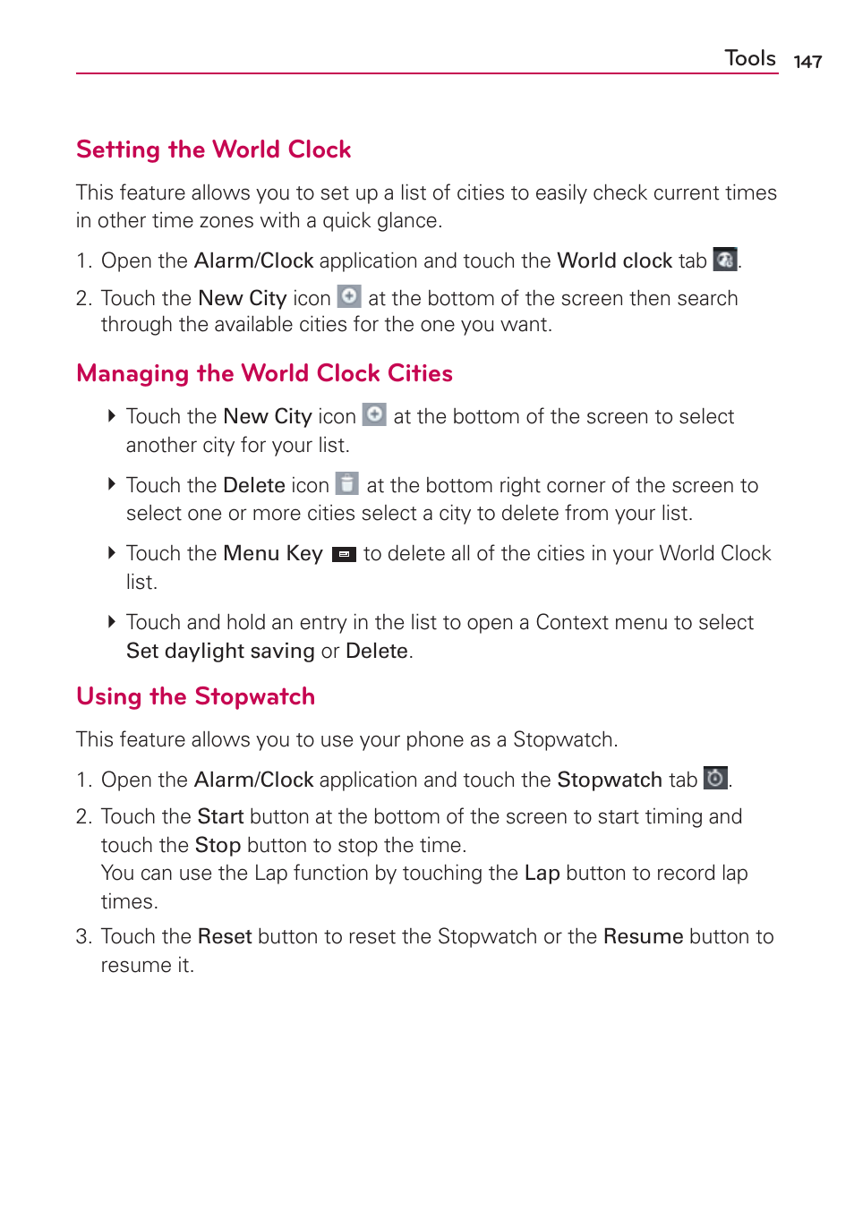 Setting the world clock, Managing the world clock cities, Using the stopwatch | LG LW770 User Manual | Page 149 / 202