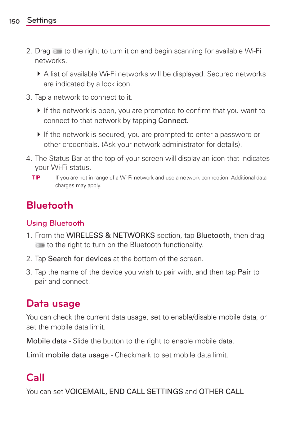 Call, Data usage, Bluetooth | Data usage call | LG LW770 User Manual | Page 152 / 202