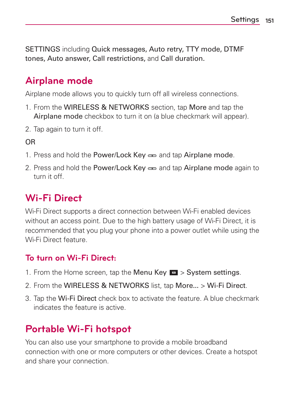 Portable wi-fi hotspot, Wi-fi direct, Airplane mode | Airplane mode wi-fi direct portable wi-fi hotspot | LG LW770 User Manual | Page 153 / 202