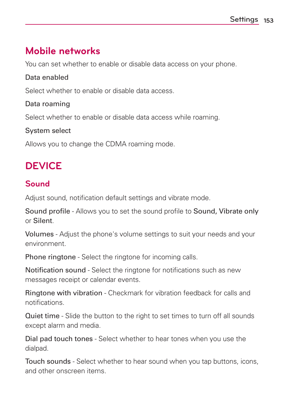 Device, Mobile networks, Mobile networks device | Sound | LG LW770 User Manual | Page 155 / 202