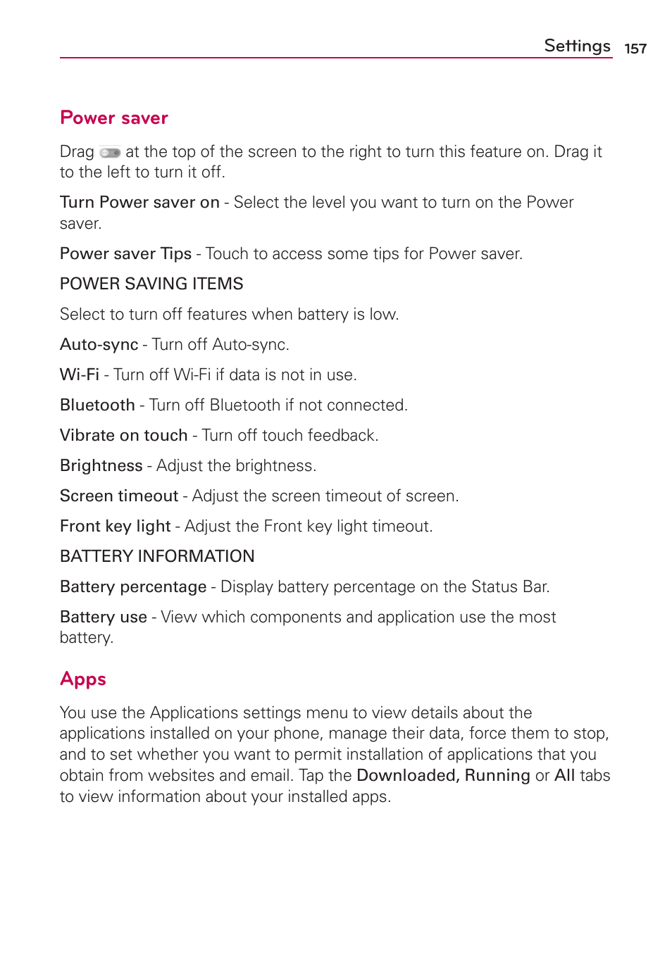 Power saver, Apps | LG LW770 User Manual | Page 159 / 202