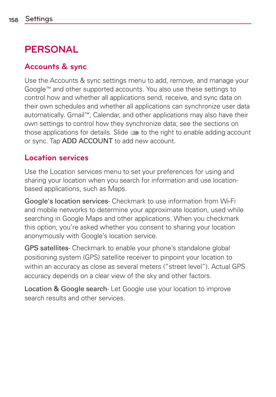 Personal, Accounts & sync, Location services | LG LW770 User Manual | Page 160 / 202