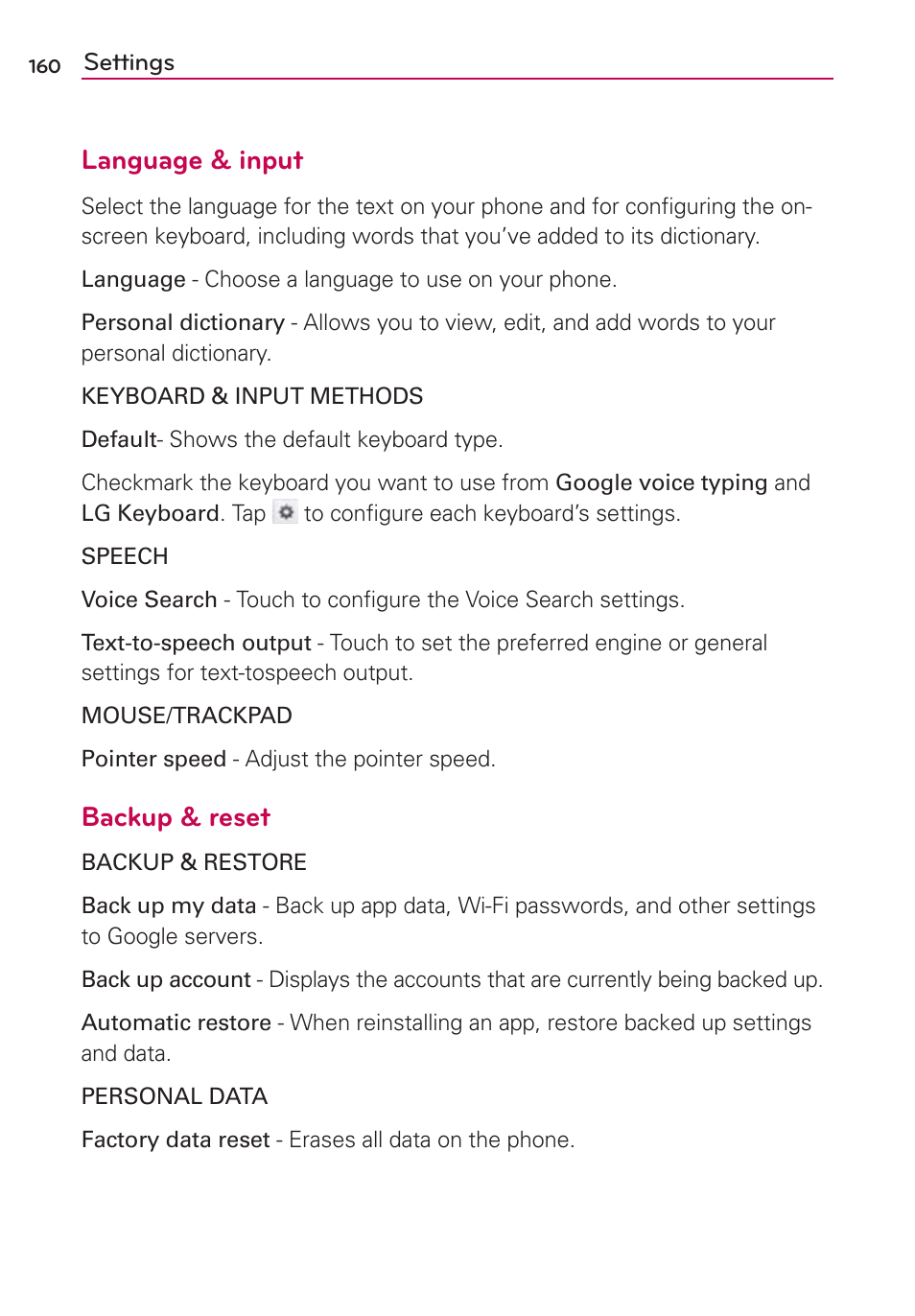 Language & input, Backup & reset | LG LW770 User Manual | Page 162 / 202