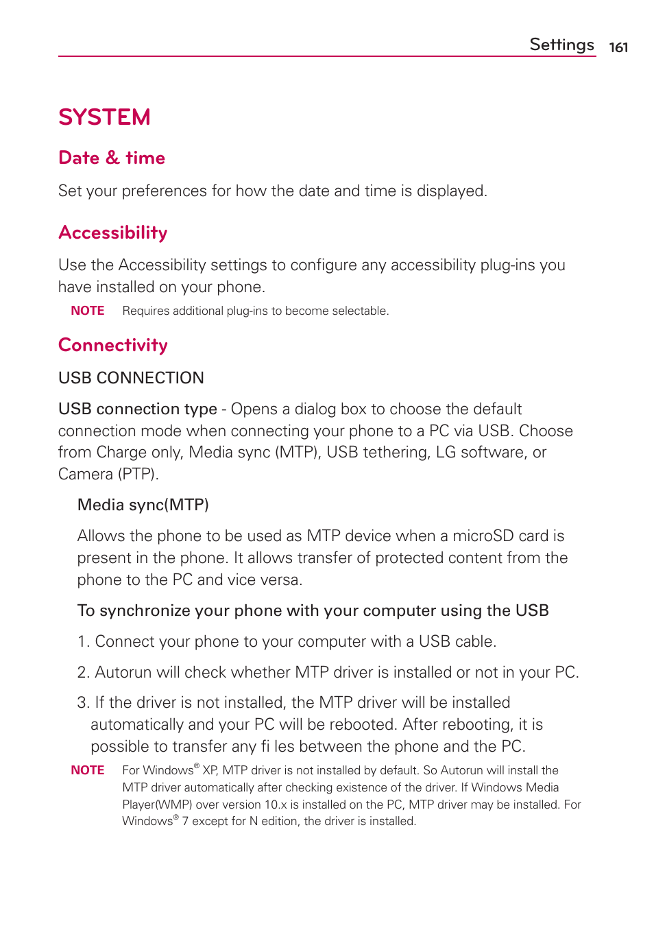 System, Date & time, Accessibility | Connectivity, Settings | LG LW770 User Manual | Page 163 / 202