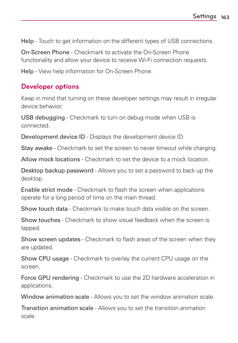 Developer options | LG LW770 User Manual | Page 165 / 202