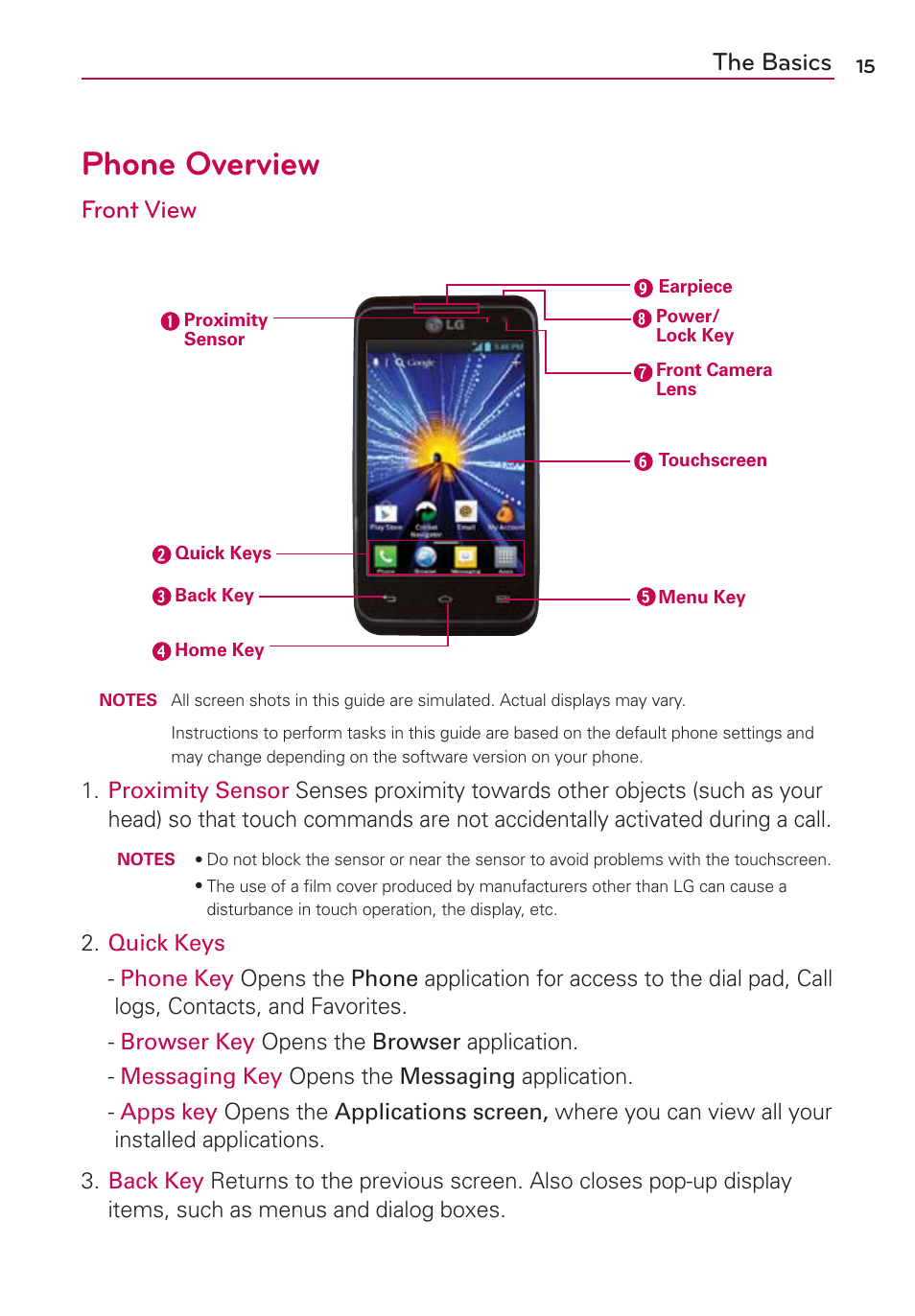 Phone overview, The basics, Front view | LG LW770 User Manual | Page 17 / 202