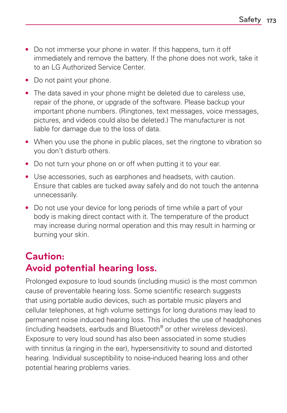 Caution: avoid potential hearing loss, Safety | LG LW770 User Manual | Page 175 / 202