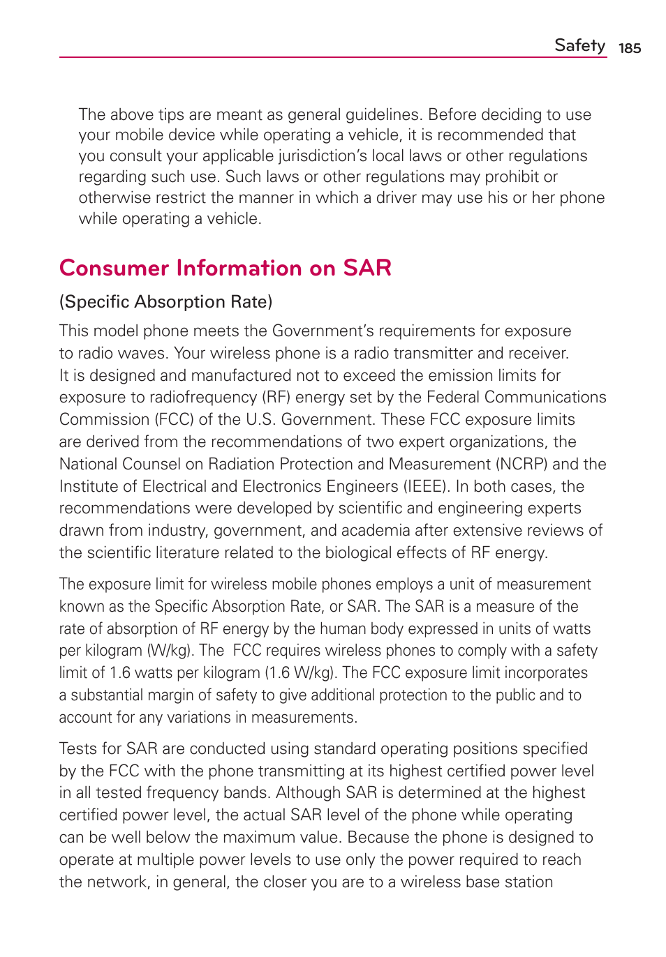 Consumer information on sar | LG LW770 User Manual | Page 187 / 202