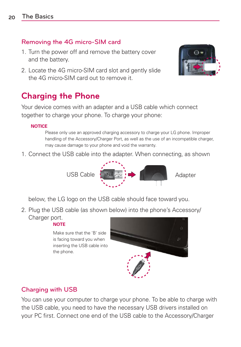 Charging the phone, The basics removing the 4g micro-sim card, Charging with usb | LG LW770 User Manual | Page 22 / 202