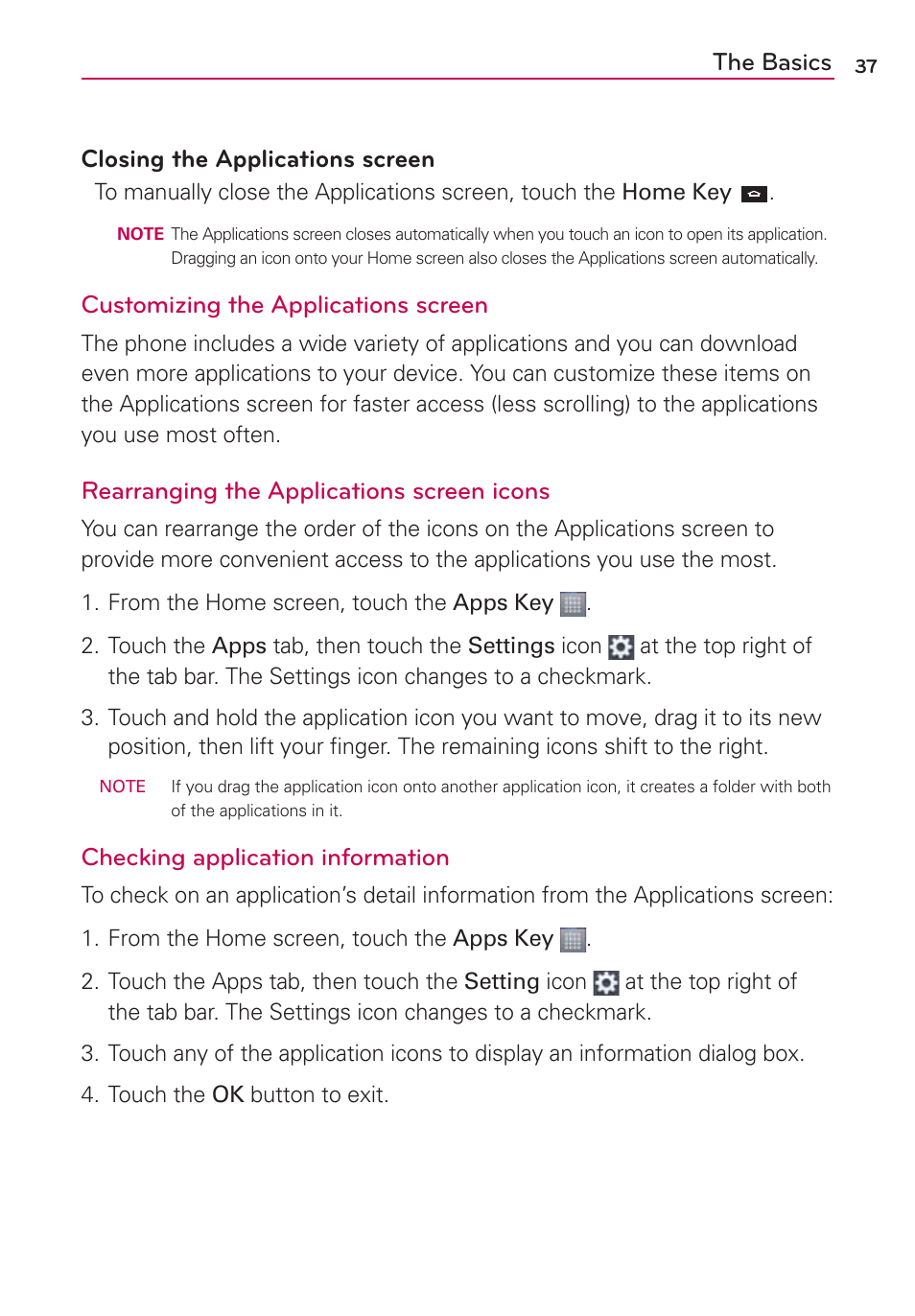The basics closing the applications screen, Customizing the applications screen, Rearranging the applications screen icons | Checking application information | LG LW770 User Manual | Page 39 / 202