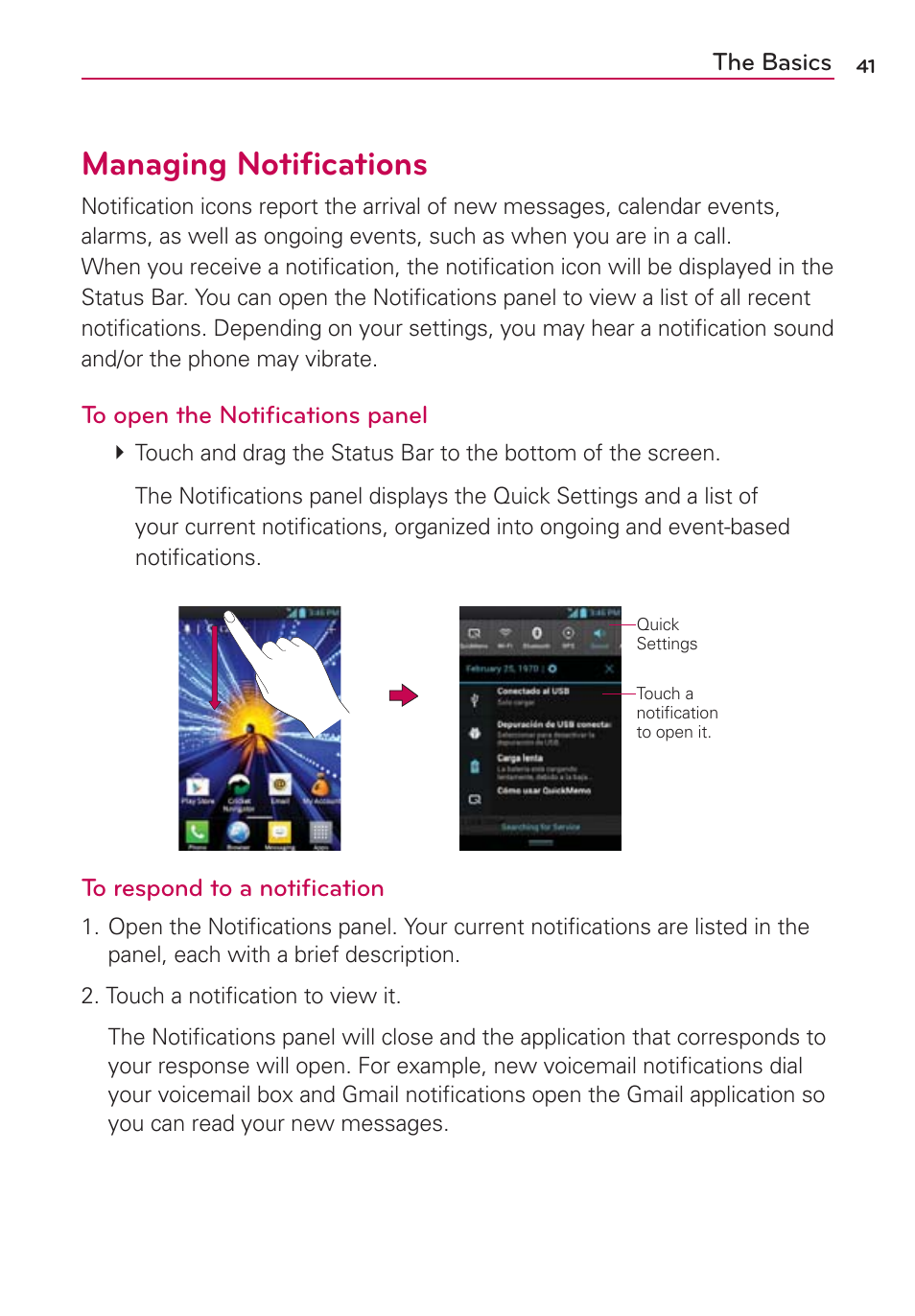 Managing notifications, Managing notiﬁcations | LG LW770 User Manual | Page 43 / 202