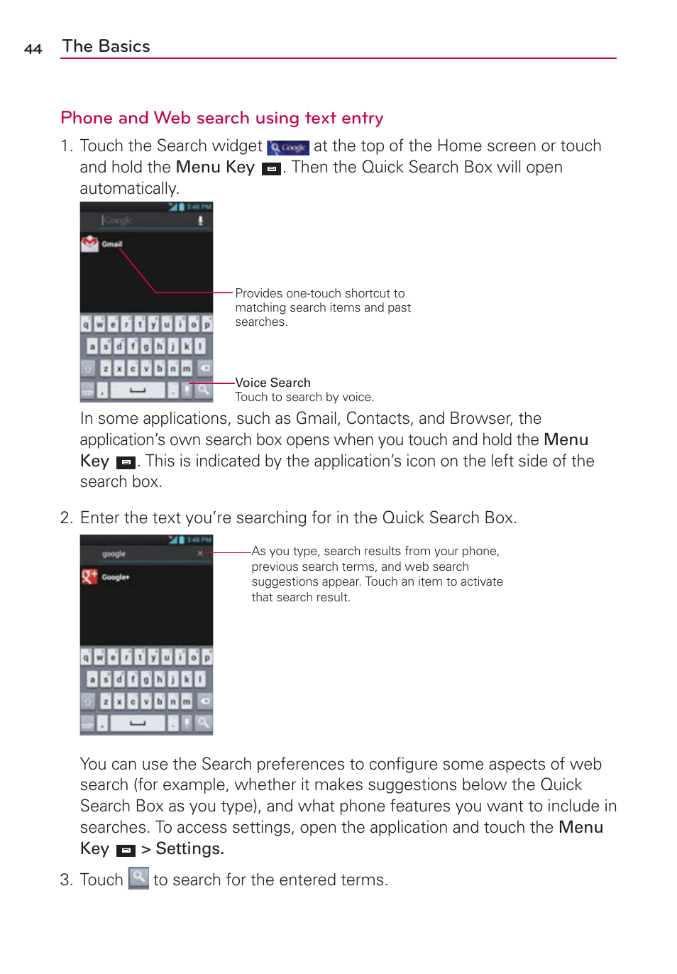 The basics phone and web search using text entry | LG LW770 User Manual | Page 46 / 202