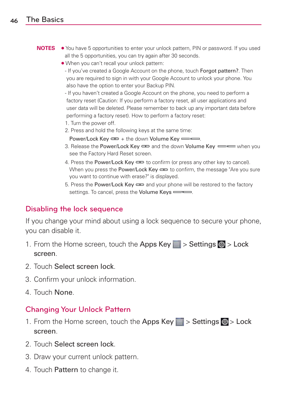 The basics, Disabling the lock sequence, Changing your unlock pattern | LG LW770 User Manual | Page 48 / 202