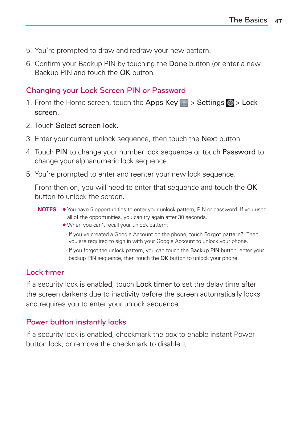 The basics, Changing your lock screen pin or password, Lock timer | Power button instantly locks | LG LW770 User Manual | Page 49 / 202