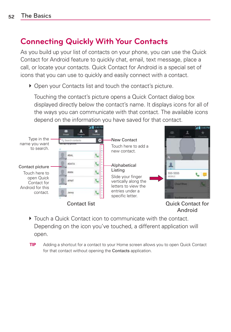 The basics, Connecting quickly with your contacts | LG LW770 User Manual | Page 54 / 202