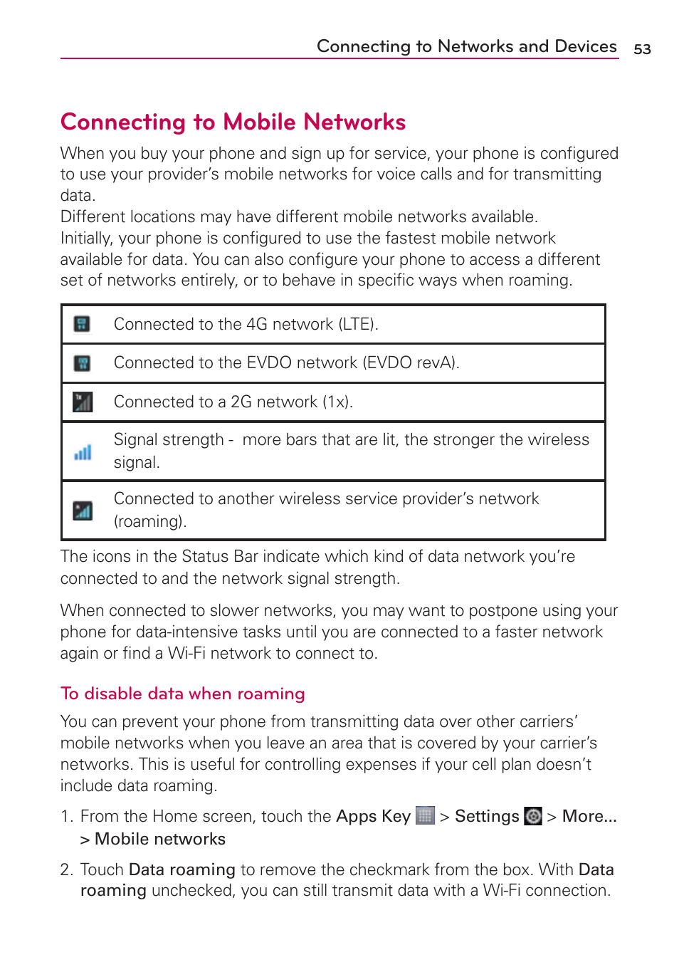 Connecting to mobile networks, Connecting to networks and devices | LG LW770 User Manual | Page 55 / 202