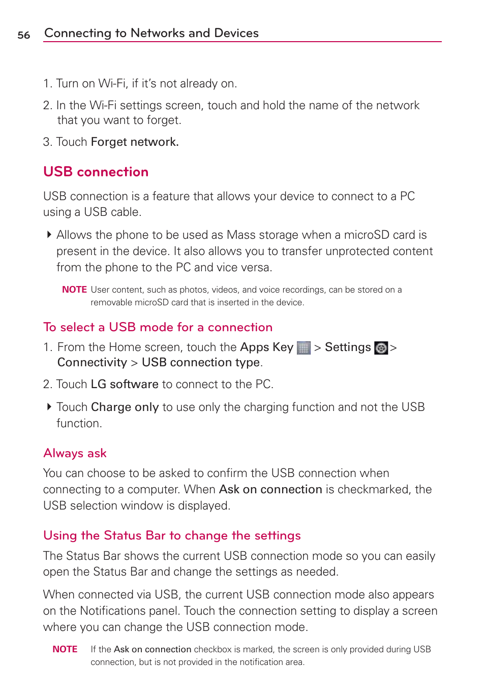 Usb connection, Connecting to networks and devices, Always ask | Using the status bar to change the settings | LG LW770 User Manual | Page 58 / 202