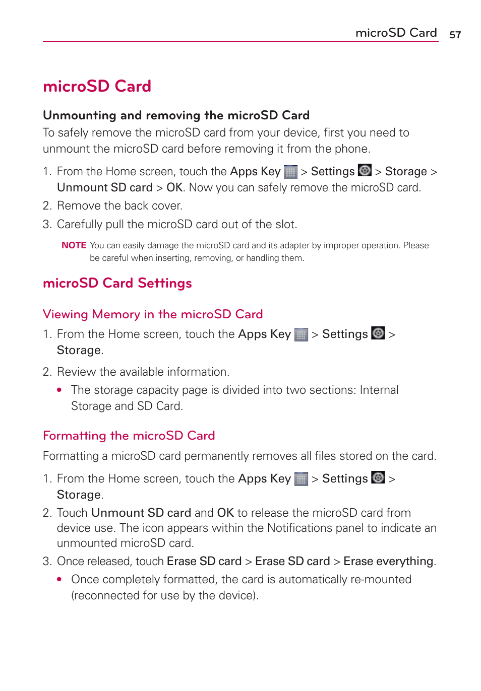 Microsd card, Microsd card settings | LG LW770 User Manual | Page 59 / 202