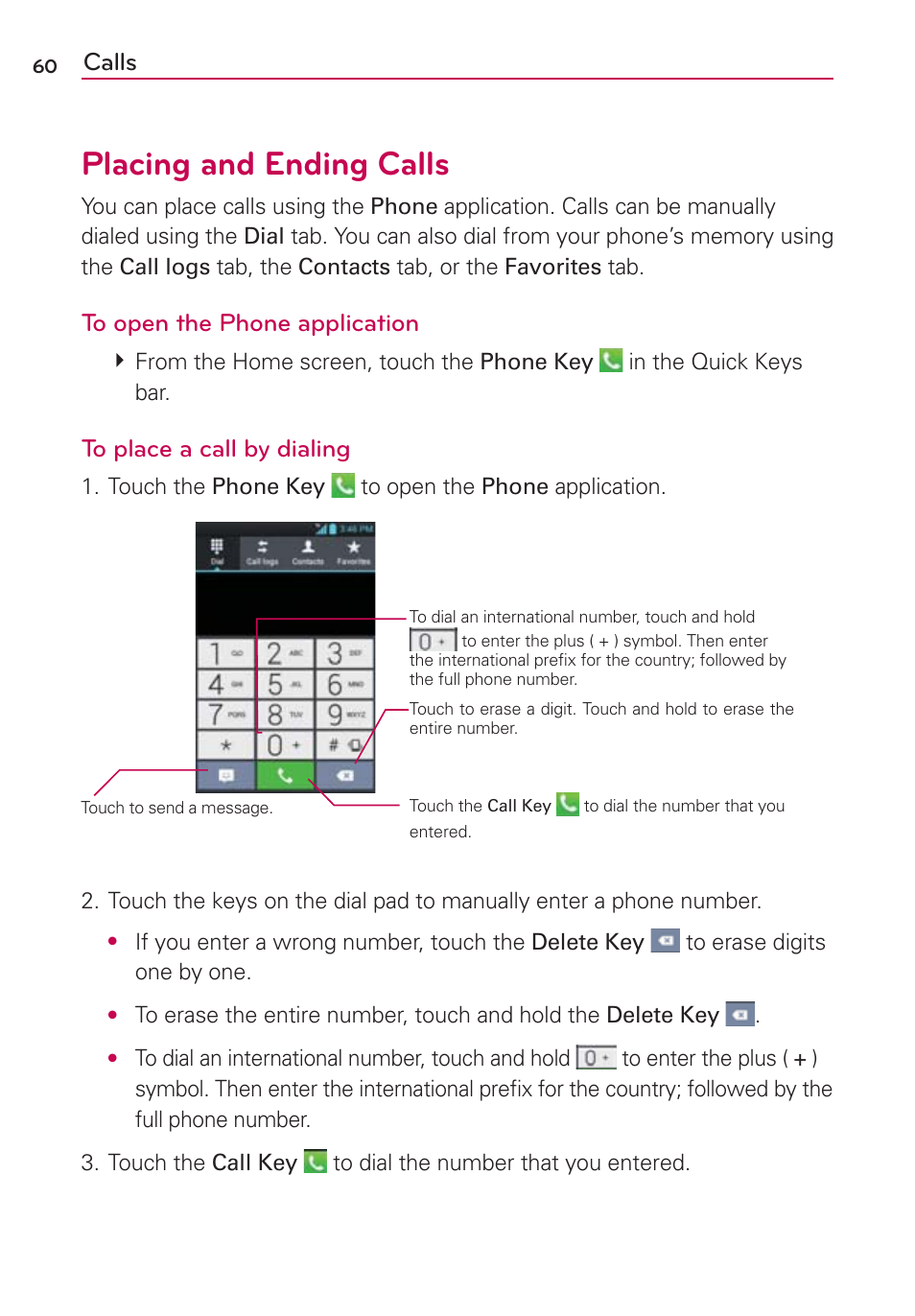 Calls, Placing and ending calls | LG LW770 User Manual | Page 62 / 202