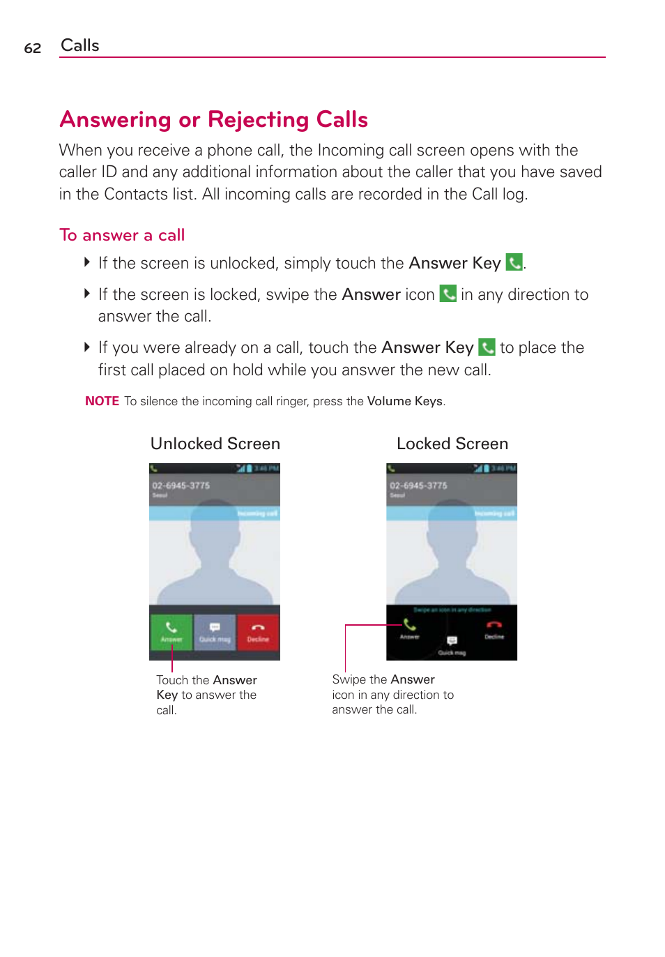 Answering or rejecting calls, Calls | LG LW770 User Manual | Page 64 / 202