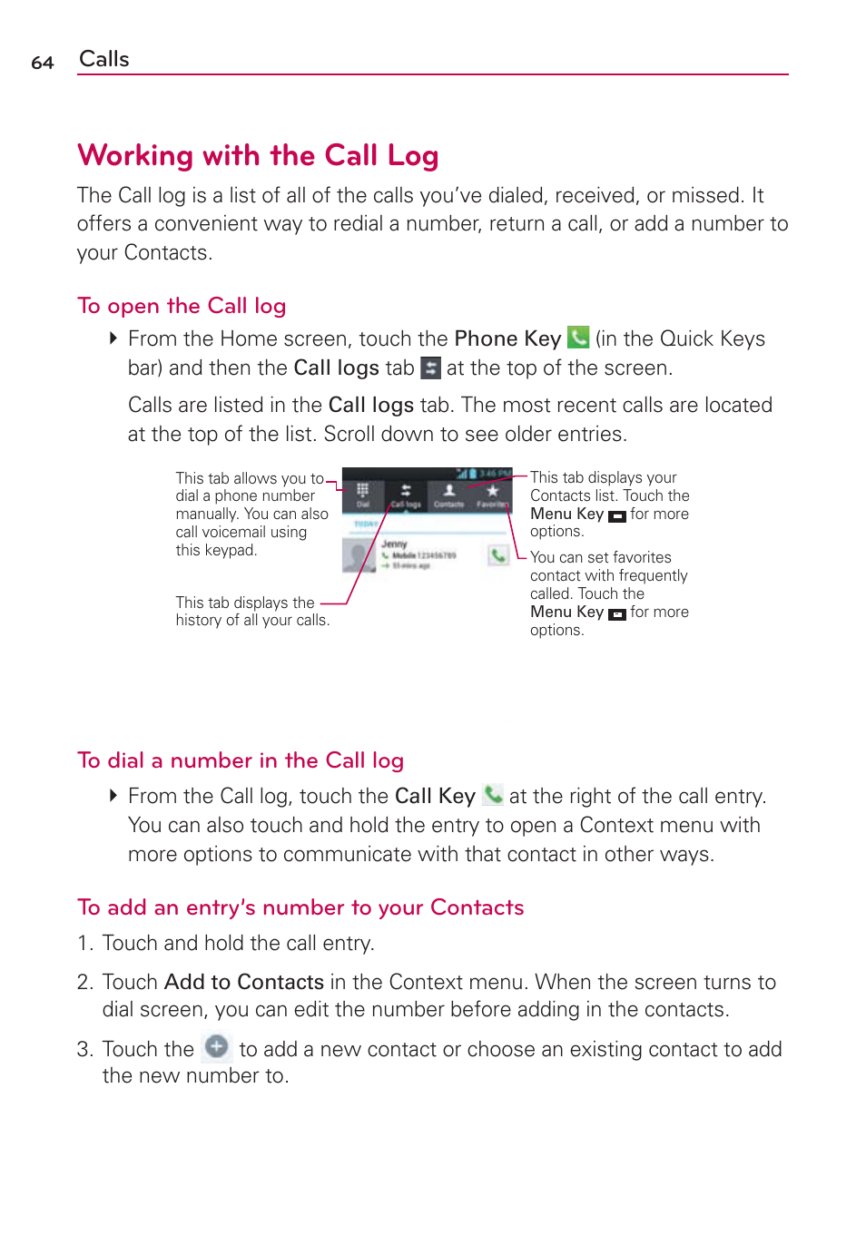 Working with the call log, Calls | LG LW770 User Manual | Page 66 / 202