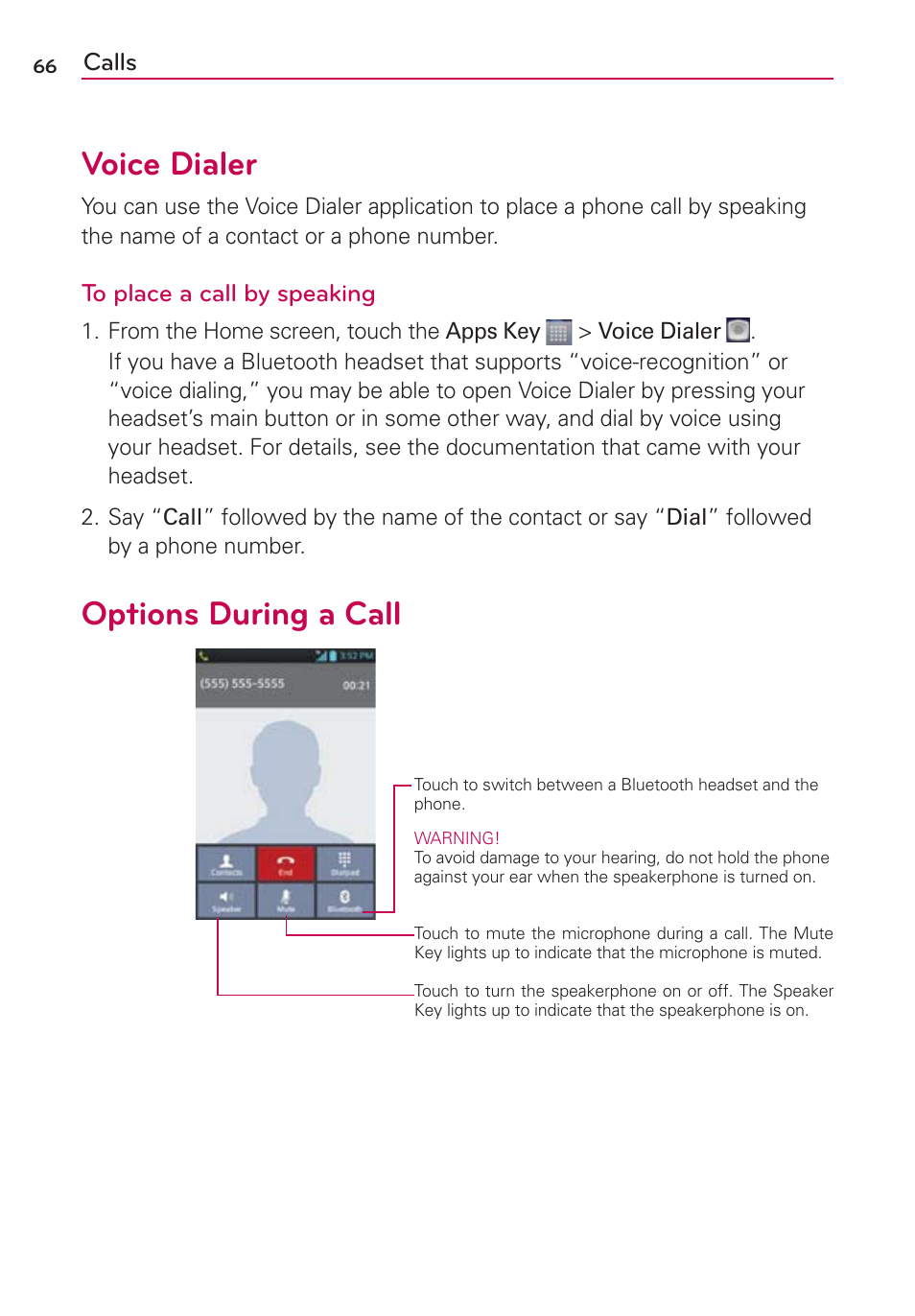 Voice dialer, Options during a call | LG LW770 User Manual | Page 68 / 202