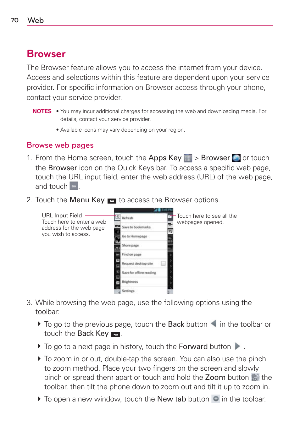 Browser, Browse web pages | LG LW770 User Manual | Page 72 / 202