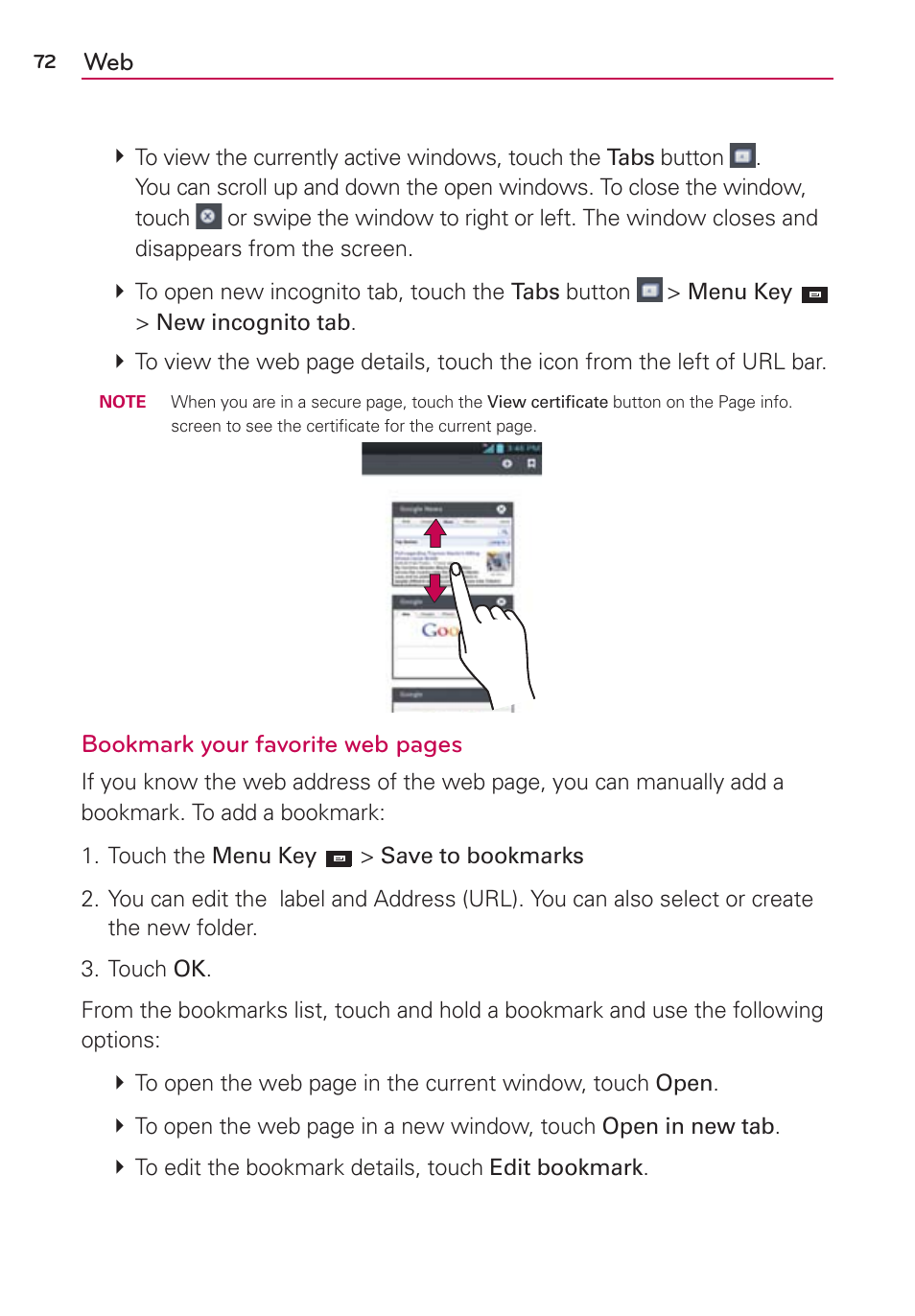 Bookmark your favorite web pages | LG LW770 User Manual | Page 74 / 202