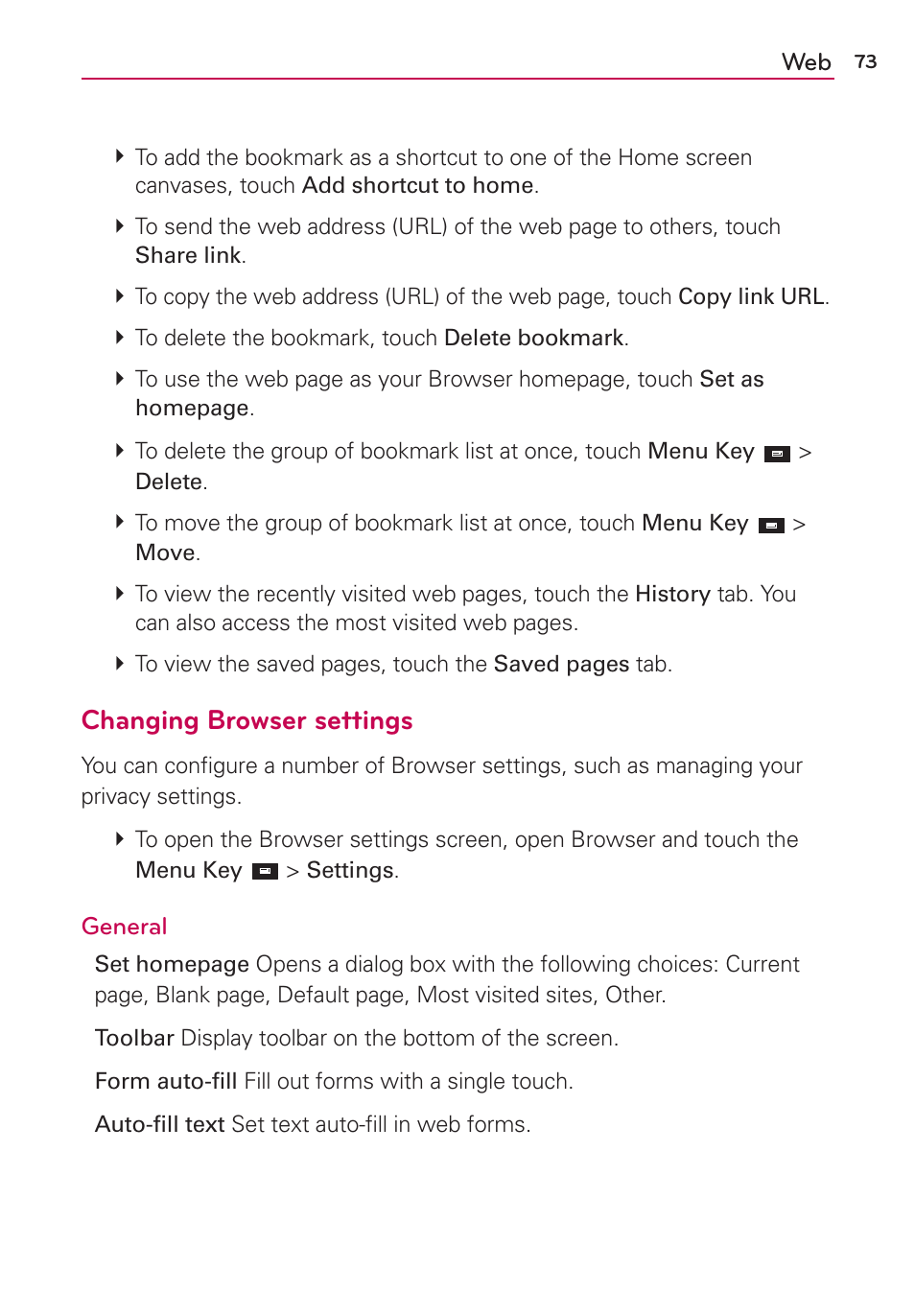 Changing browser settings | LG LW770 User Manual | Page 75 / 202