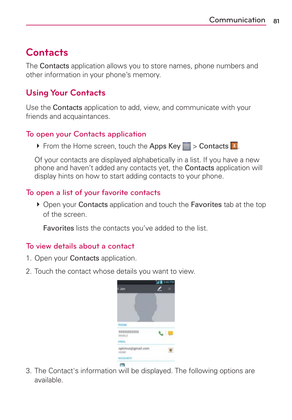 Communication, Contacts, Using your contacts | LG LW770 User Manual | Page 83 / 202