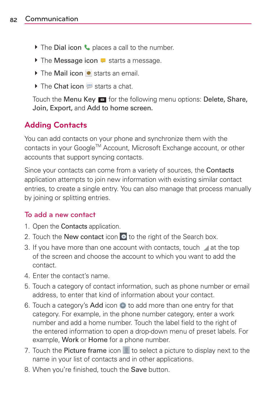 Adding contacts | LG LW770 User Manual | Page 84 / 202