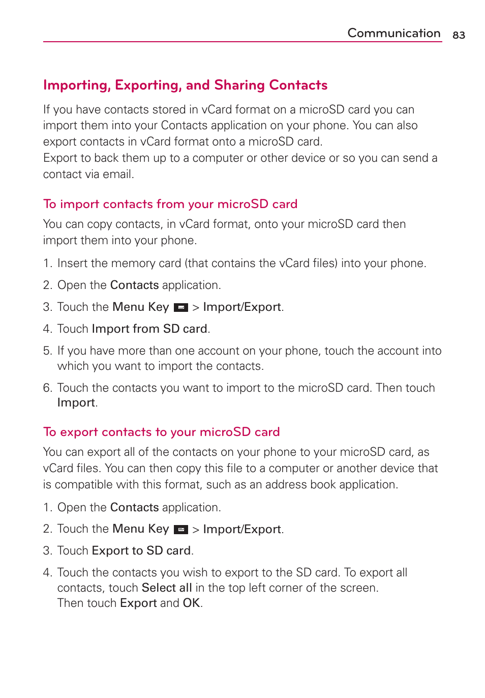 Importing, exporting, and sharing contacts | LG LW770 User Manual | Page 85 / 202