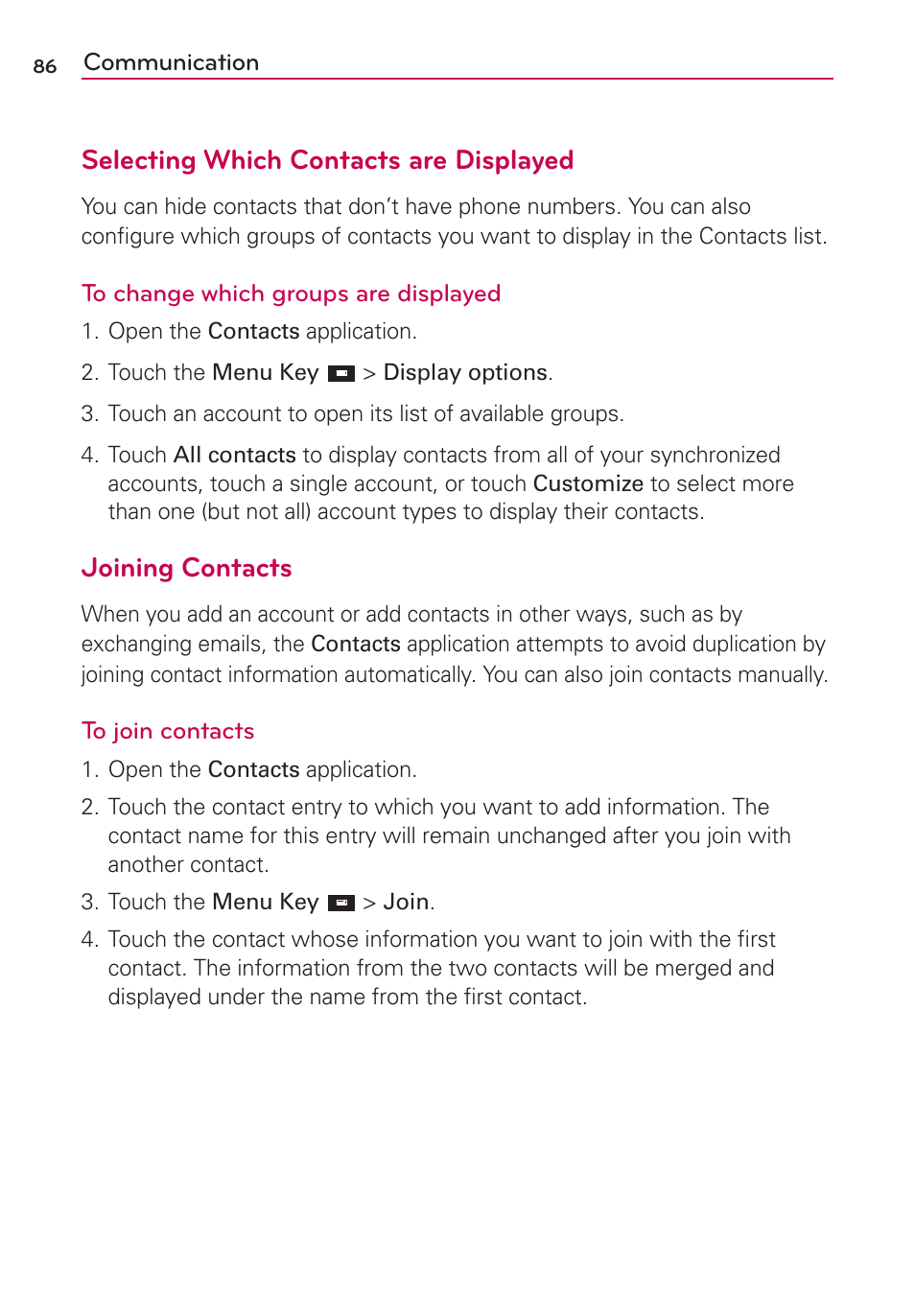 Selecting which contacts are displayed, Joining contacts | LG LW770 User Manual | Page 88 / 202