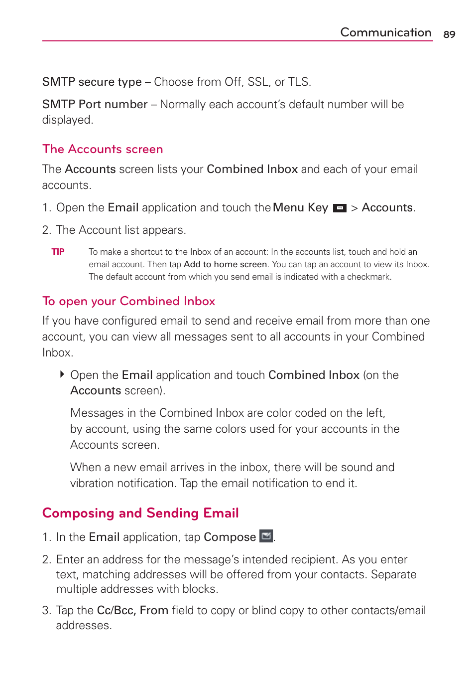 Composing and sending email, Communication, The accounts screen | LG LW770 User Manual | Page 91 / 202