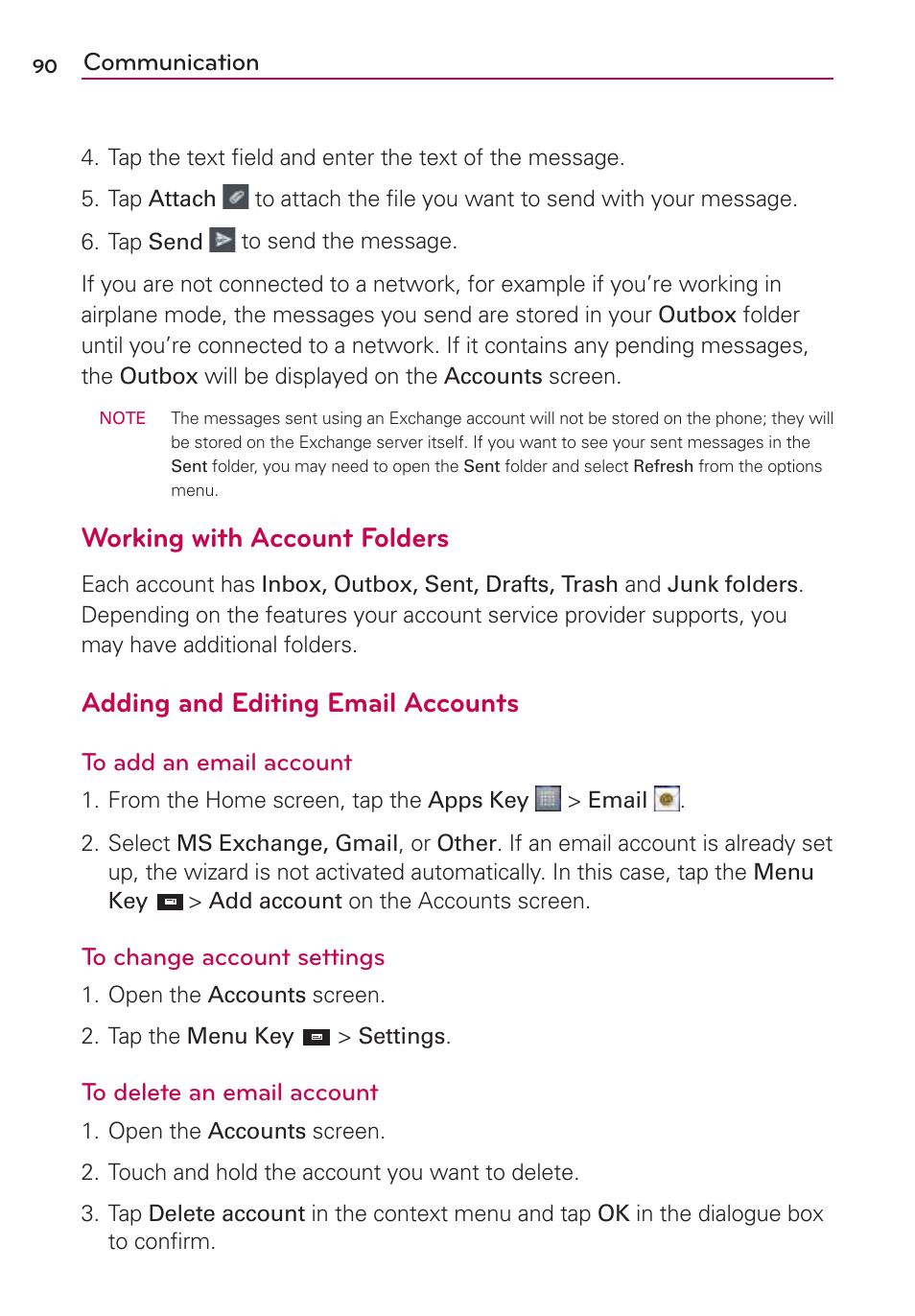 Working with account folders, Adding and editing email accounts | LG LW770 User Manual | Page 92 / 202