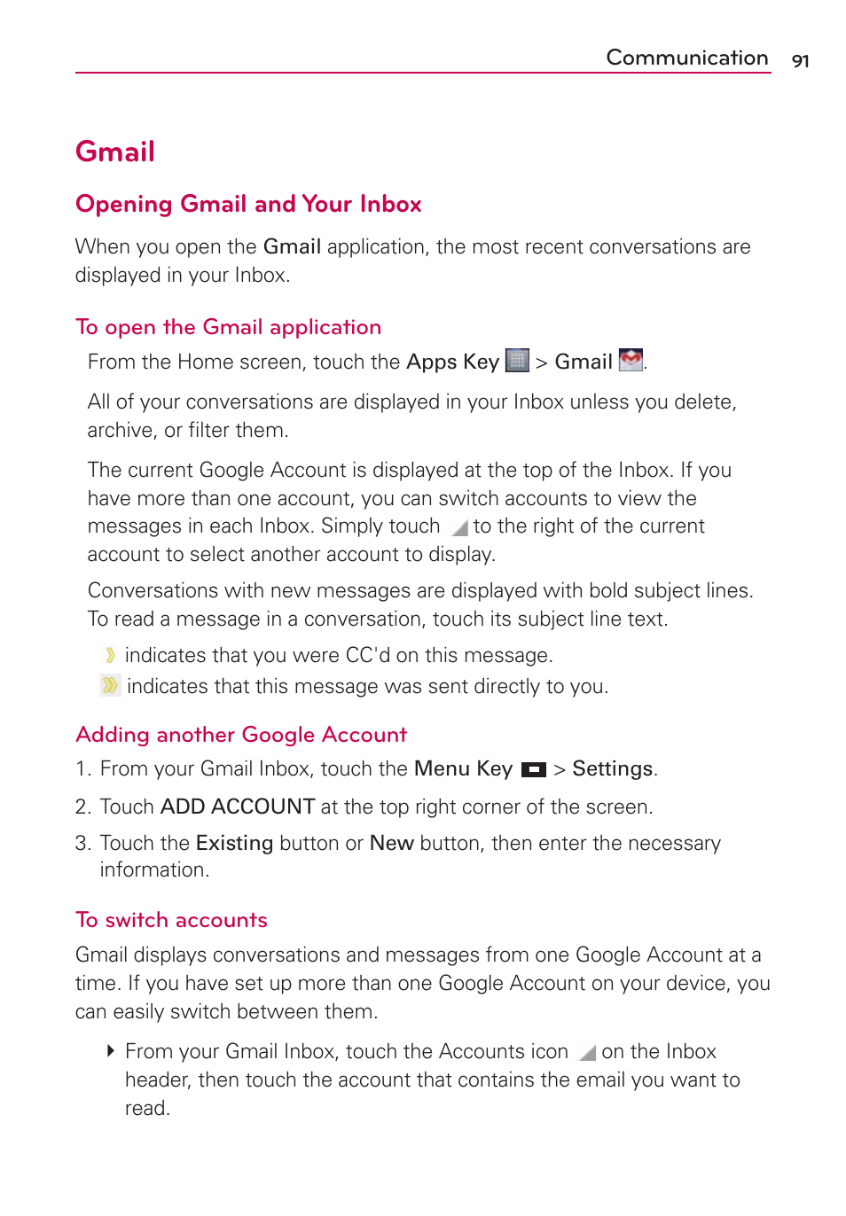 Gmail, Opening gmail and your inbox | LG LW770 User Manual | Page 93 / 202