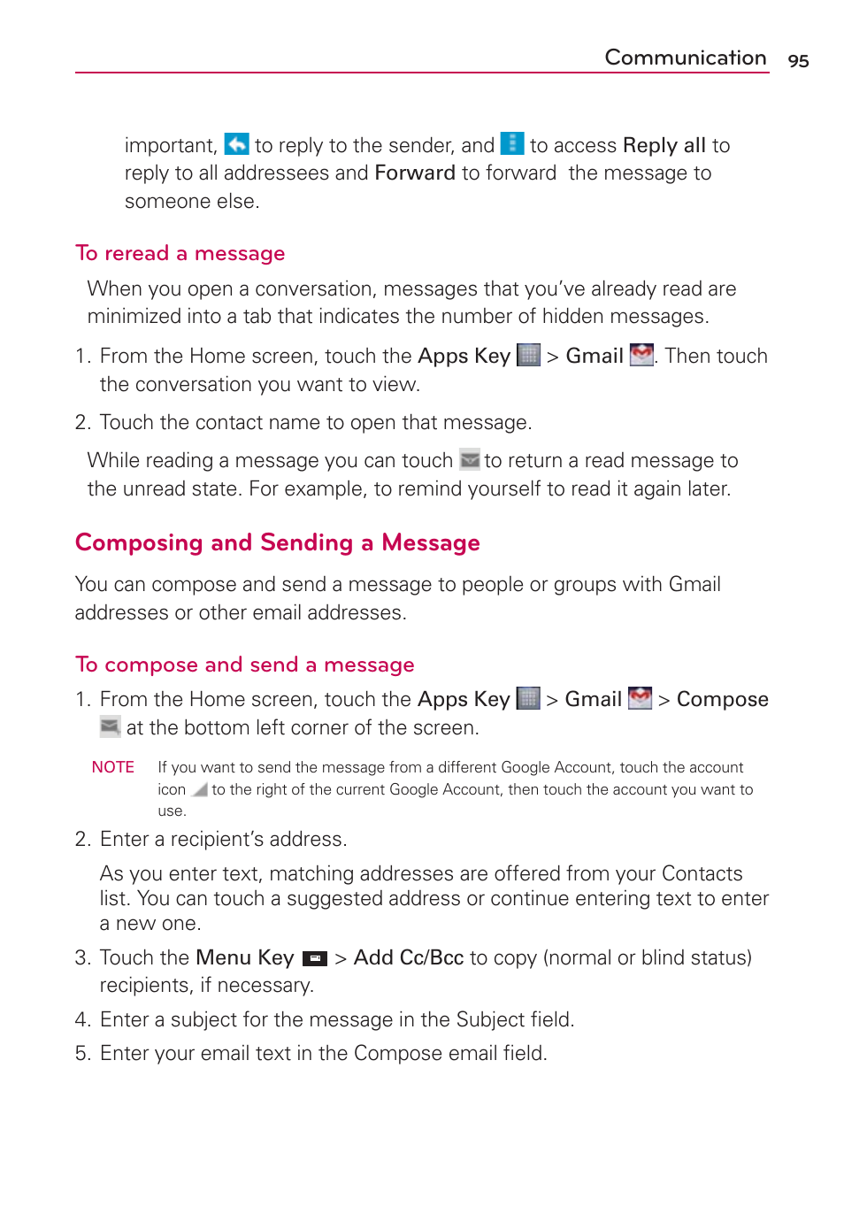 Composing and sending a message, Communication | LG LW770 User Manual | Page 97 / 202