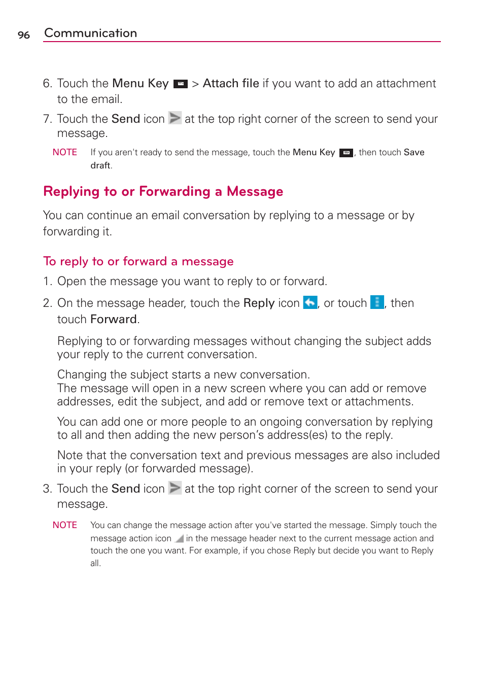 Replying to or forwarding a message, Communication | LG LW770 User Manual | Page 98 / 202