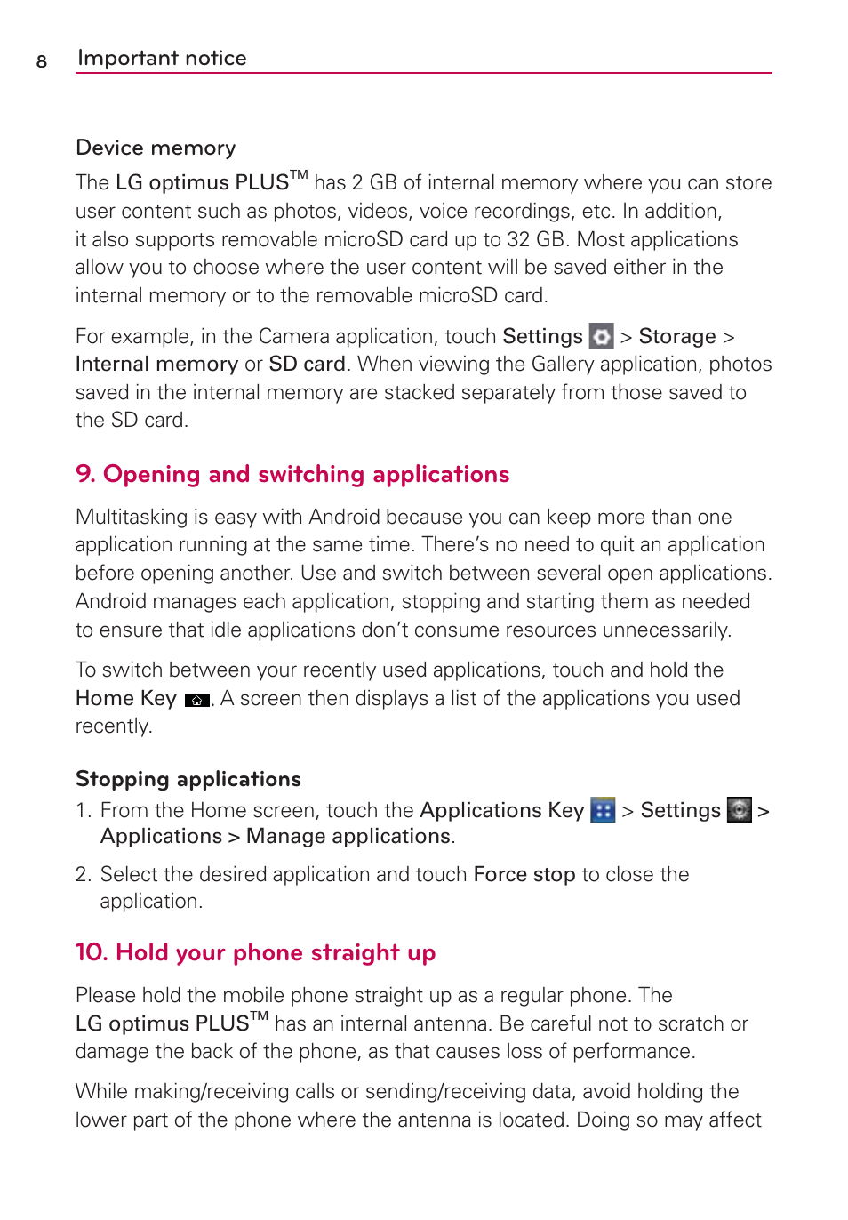 Opening and switching applications, Hold your phone straight up | LG AS695 User Manual | Page 10 / 300