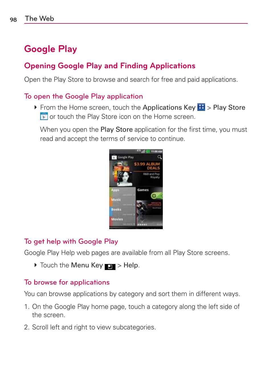 Google play, Opening google play and finding applications | LG AS695 User Manual | Page 100 / 300