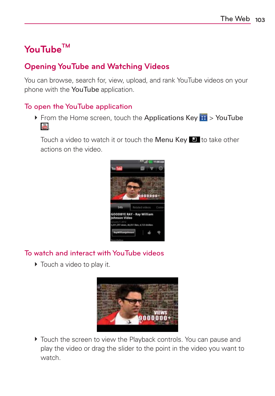 Youtube, Opening youtube and watching videos | LG AS695 User Manual | Page 105 / 300