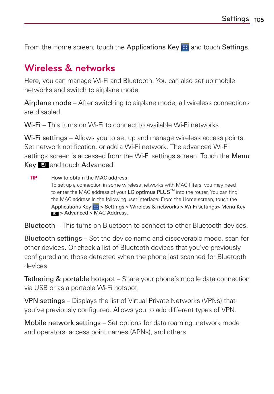 Wireless & networks, Settings | LG AS695 User Manual | Page 107 / 300