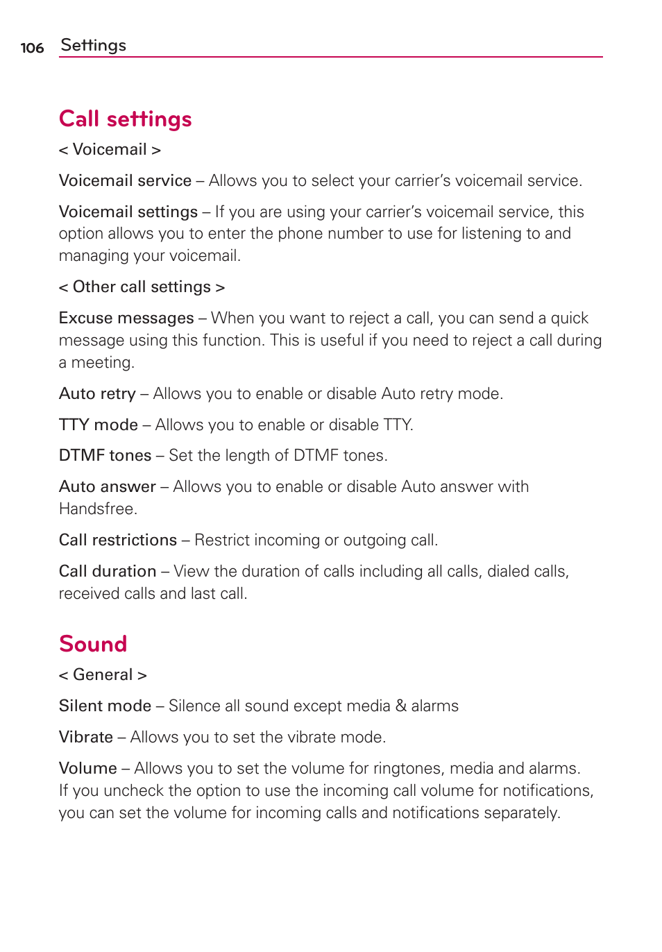 Call settings, Sound | LG AS695 User Manual | Page 108 / 300