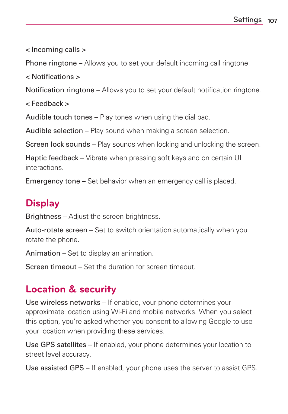 Display, Location & security | LG AS695 User Manual | Page 109 / 300