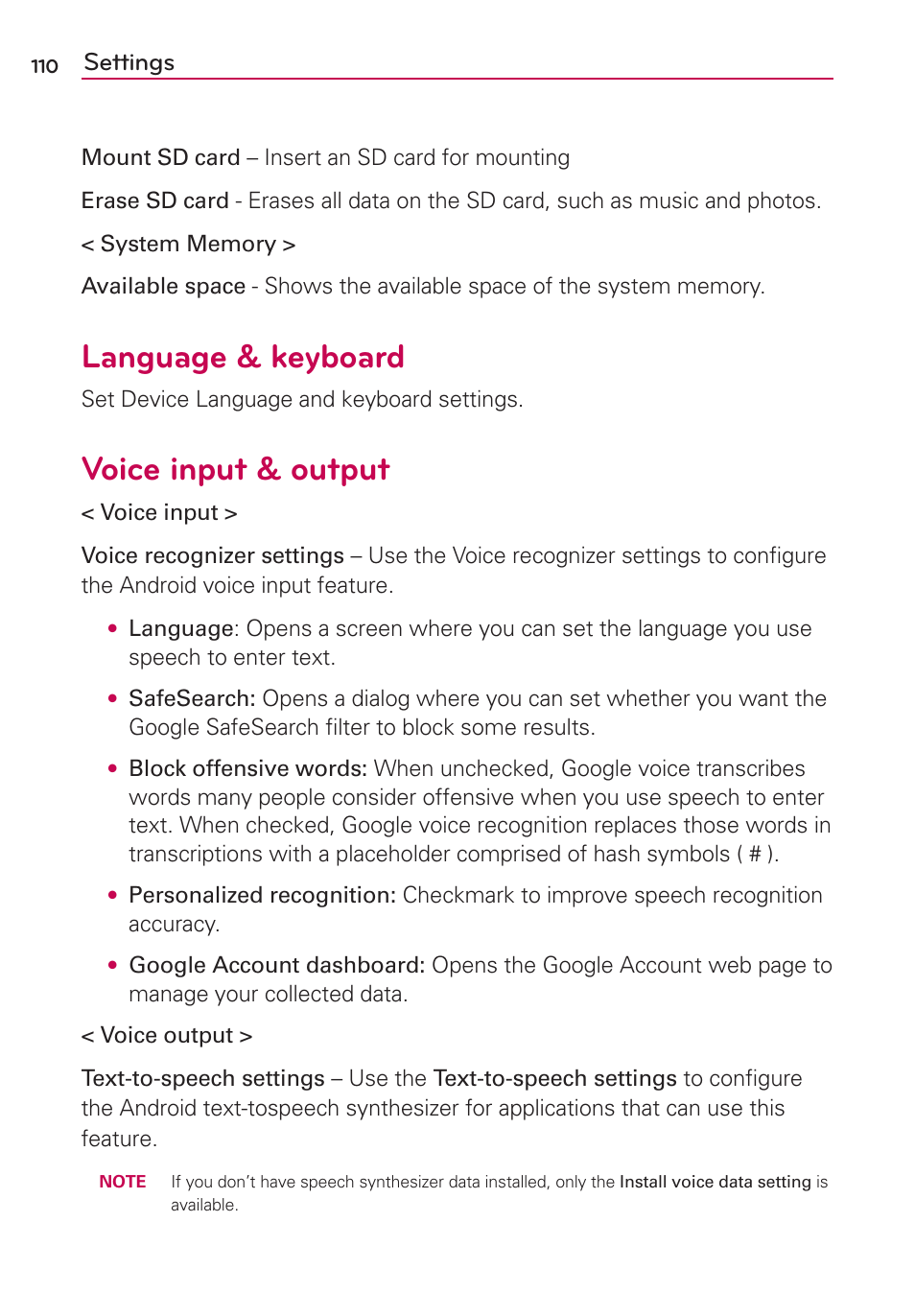 Language & keyboard, Voice input & output, Settings | LG AS695 User Manual | Page 112 / 300